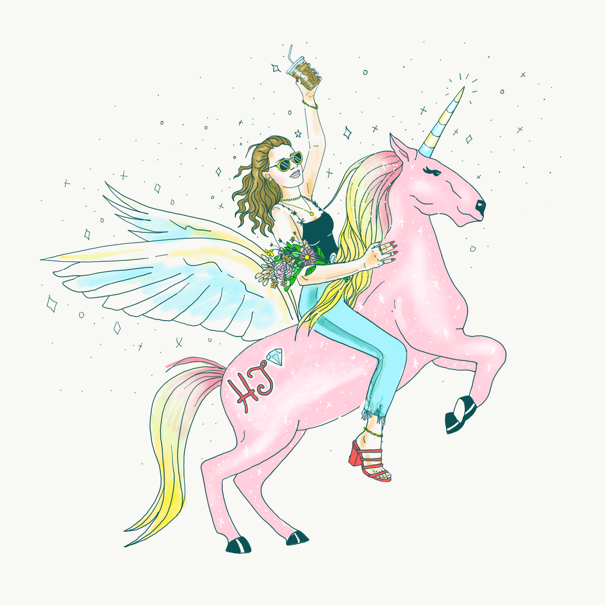 Hailey Jane riding a unicorn illustrated by Canadian artist Jules Monson